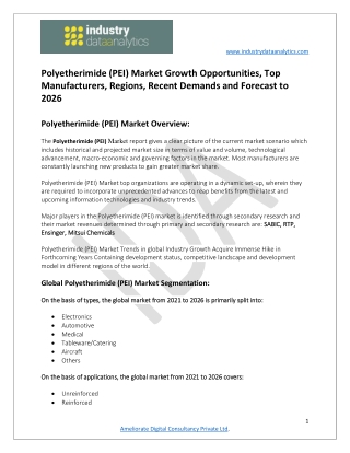 Polyetherimide (PEI) Market Top Manufacturers, Regions, Recent Demands 2021