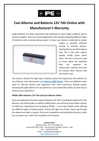 Cavi Allarme and Batteria 12V 7Ah Online with Manufacturer