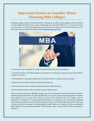 Important Factors to Consider When Choosing MBA Colleges