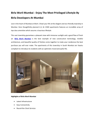 Birla Worli Mumbai - Enjoy The Most Privileged Lifestyle By Birla Developers At Mumbai