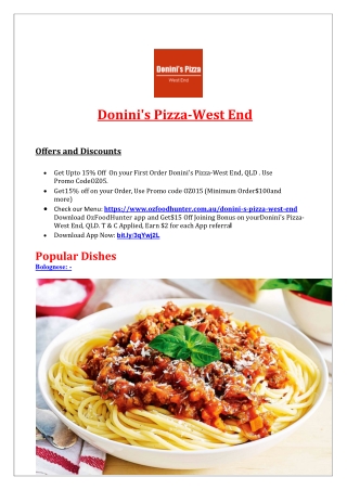 15% off - Donini's Pizza Delivery West End Menu, QLD