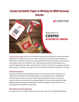 Cosmo Synthetic Paper in Writing its NEW Success Stories