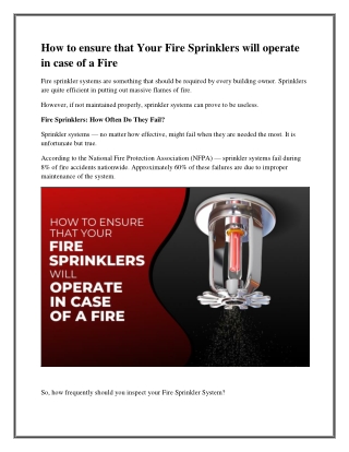 How to ensure that Your Fire Sprinklers will operate in case of a Fire