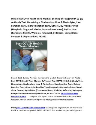 India Post COVID Health Tests Market Regions, By Provider Type and Forecast to 2