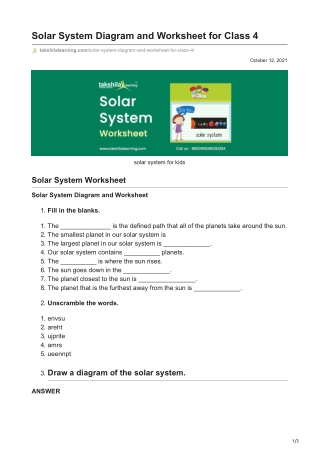 Solar System Diagram and Worksheet for Class 4