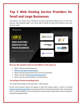 Top 5 Web Hosting Service Providers For Small and Large Businesses