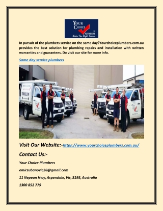 Same Day Service Plumbers | Yourchoiceplumbers.com.au