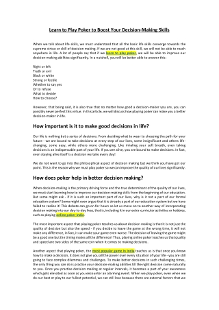 Learn to Play Poker to Boost Your Decision-Making Skills