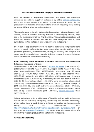 Alfa Chemistry Enriches Supply of Anionic Surfactants