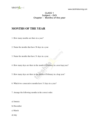 CLASS 1 Worksheet - Months of the year
