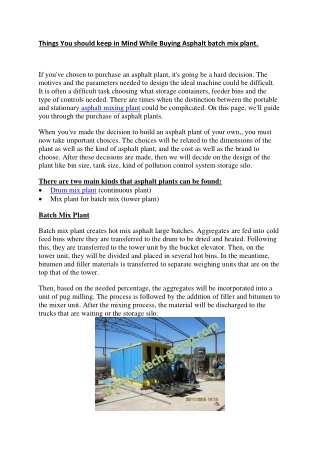 Things You should keep in Mind While Buying Asphalt batch mix plant.