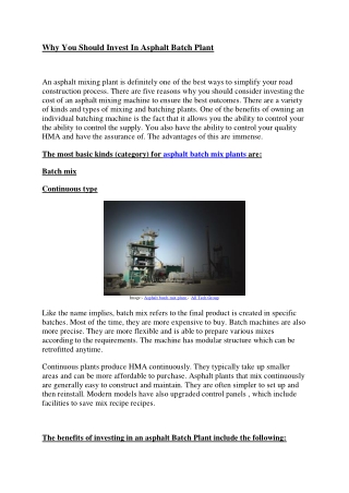 Why You Should Invest In Asphalt Batch Plant