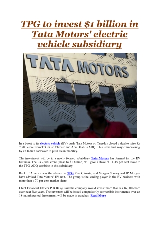 TPG to invest 1 billion in Tata Motors' electric vehicle subsidiary