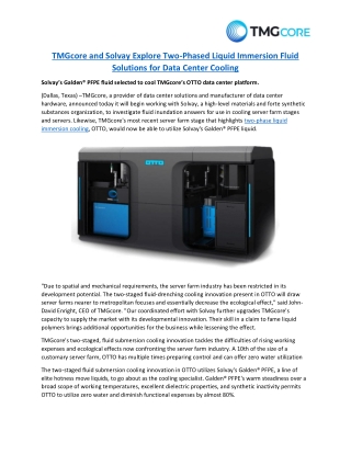 TMGcore and Solvay Explore Two-Phased Liquid Immersion Fluid Solutions for Data Center Cooling