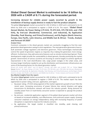 Global Diesel Genset Market is estimated to be 16 billion by 2026 with a CAGR of 6