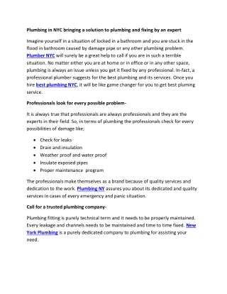 Plumbing in NYC bringing a solution to plumbing and fixing by an expert