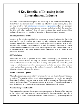 4 Key Benefits of Investing in the Entertainment Industry