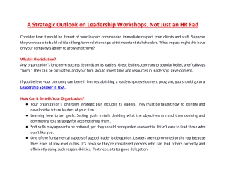 A Strategic Outlook on Leadership Workshops. Not Just an HR Fad