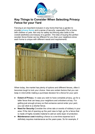 Key Things to Consider When Selecting Privacy Fence for your Yard