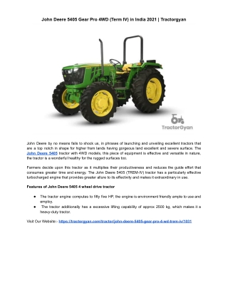 John Deere 5405 Gear Pro 4WD (Term IV) in India 2021 | Tractorgyan