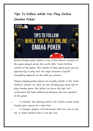Tips To Follow While You Play Online Omaha Poker