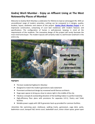 Godrej Worli Mumbai - Enjoy an Affluent Living at Mumbai