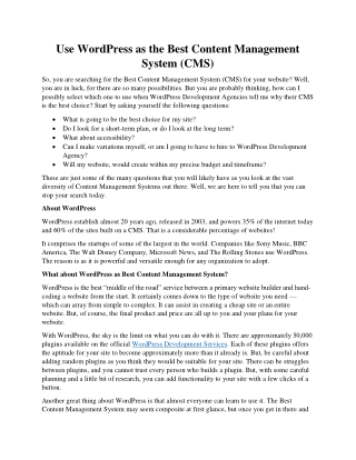 Use WordPress as the Best Content Management System (CMS)