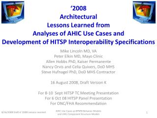 ‘2008 Architectural Lessons Learned from Analyses of AHIC Use Cases and Development of HITSP Interoperability Specific