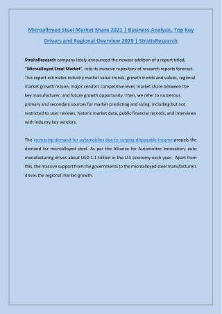 Global Microalloyed Steel Market Share 2021 | StraitsResearch