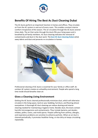 Benefits Of Hiring The Best Ac Duct Cleaning Dubai