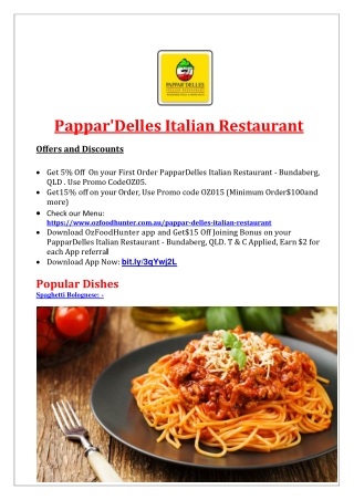 5% Off - PapparDelles Italian Restaurant Bundaberg Menu, QLD