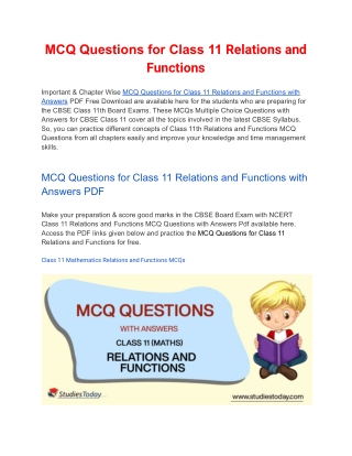 MCQs Class 11 Relations and Functions with Answers PDF Download