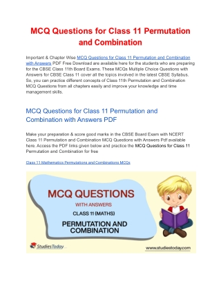 MCQs Class 11 Permutation and Combination with Answers PDF Download