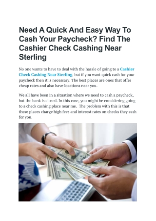Find The Cashier Check Cashing Near Sterling