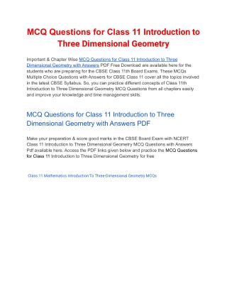 MCQs Class 11 Introduction to Three Dimensional Geometry with Answers PDF Download