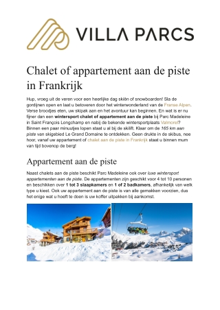 Villa Parcs - Chalet of appartement aan de piste Frankrijk
