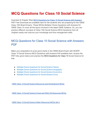 MCQs Class 10 Social Science with Answers PDF Download