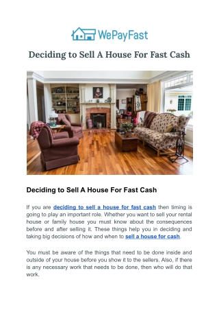 Deciding to Sell A House For Fast Cash