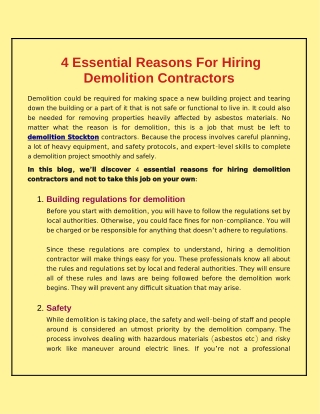 What Are The Essential Reasons For Hiring Demolition Contractors?