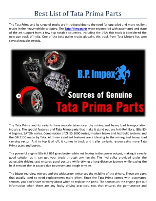 Best List of Tata Prima Parts