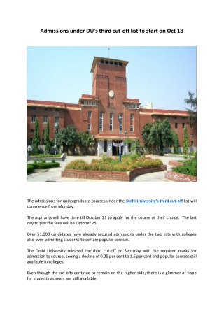 Admissions under DU's third cut-off list to start on Oct 18