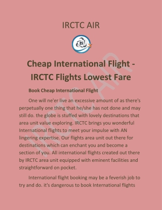 Cheap International Flight - IRCTC Flights Lowest Fare