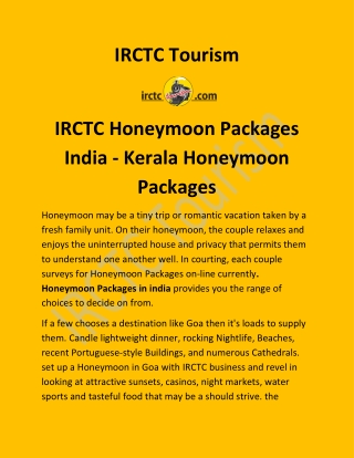 IRCTC Honeymoon Packages India - Kerala Honeymoon Packages