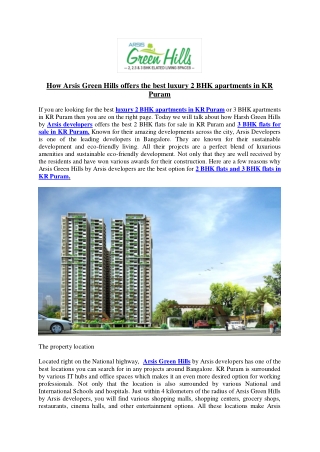 How Arsis Green Hills offers the best luxury 2 BHK apartments in KR Puram