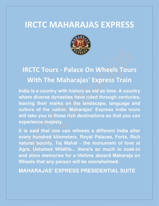 IRCTC Tours - Palace On Wheels Tours With The Maharajas' Express Train