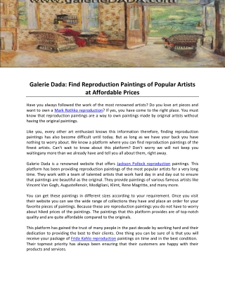Galerie Dada- Find Reproduction Paintings of Popular Artists at Affordable Prices