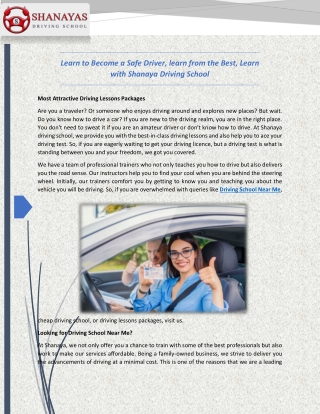 Learn to Become a Safe Driver, Learn from the Best, Learn with Shanaya Driving School