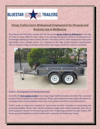 Cheap Trailers Earns Widespread Employment for Personal and Business Use in Melbourne