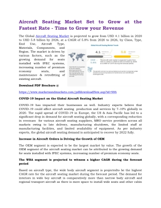 Aircraft Seating Market Set to Grow at the Fastest Rate - Time to Grow your Revenue