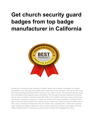 Get church security guard badges from top badge manufacturer in California